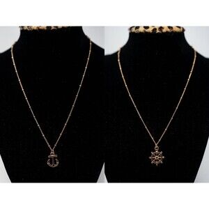 2 necklaces Gold tone‎ chain necklace nautical anchor and ships wheel 16-18" adj